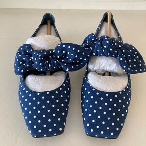 NWOT Jeffery Campbell Anthropologie Printed Bow Navy Blue Polka Dot Flats Sz 9.5